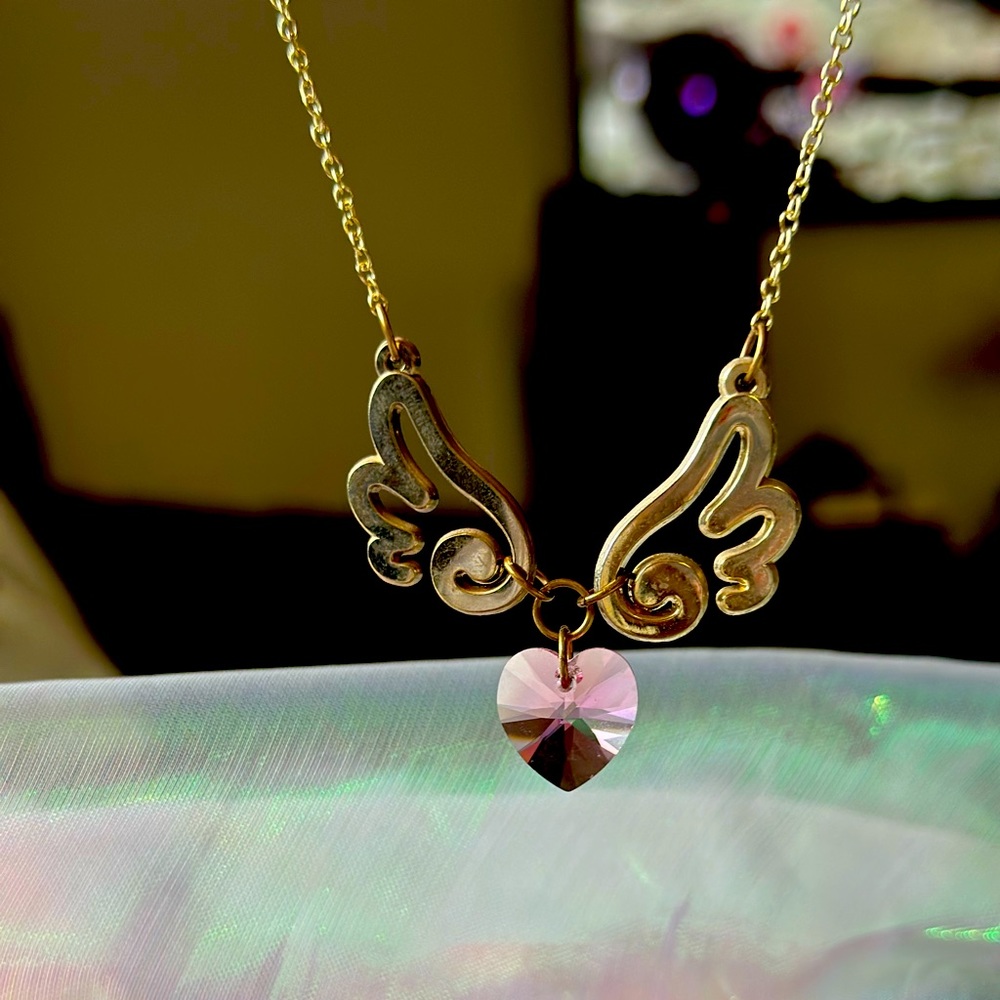 Kawaii Feminine Gold Angelic Winged Heart Pendant Necklace